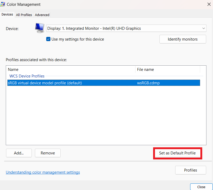 Управление цветом установлено в качестве профиля по умолчанию