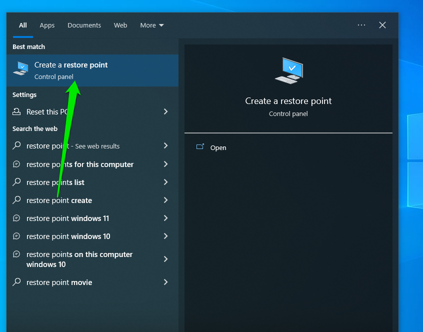 When the results appear, select Create a restore point.