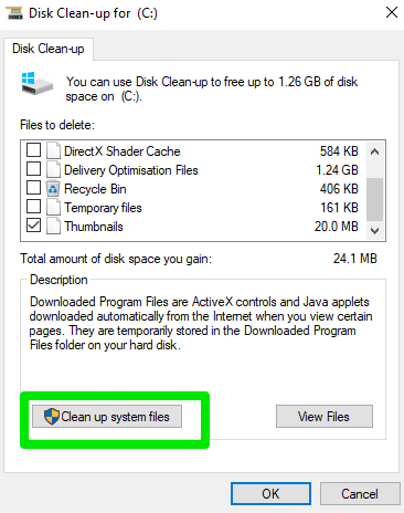 Click the Clean up system files button to allow Disk Cleanup to compile temporary system files, including Thumbnails.