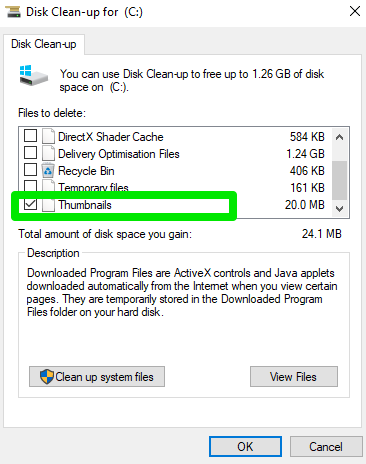 Select the Thumbnails checkbox in the Files to delete list.