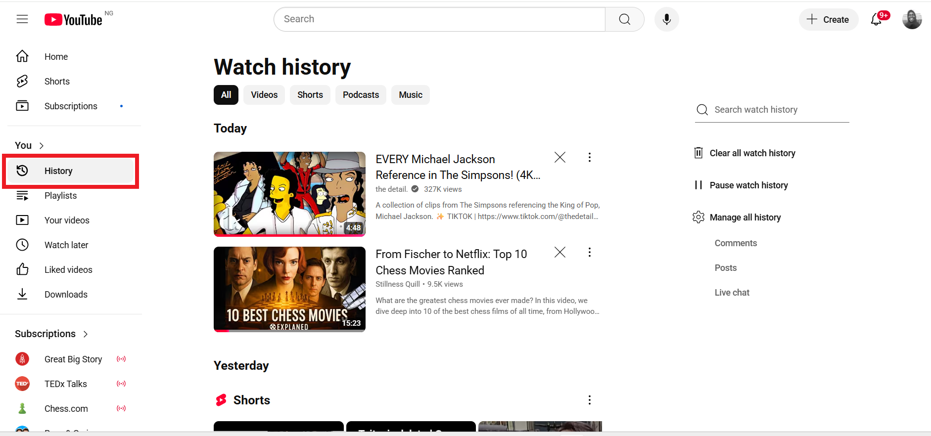 Click on History under the You category on the left-hand side of the page