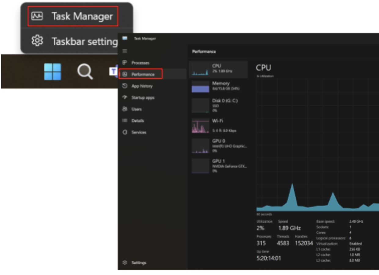 「パフォーマンス」タブ「タスクマネージャー」