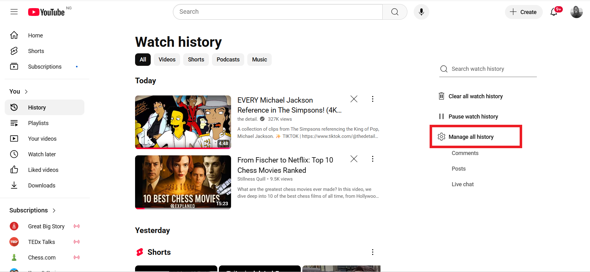 click on the Manage all history option on the right-hand side of the page