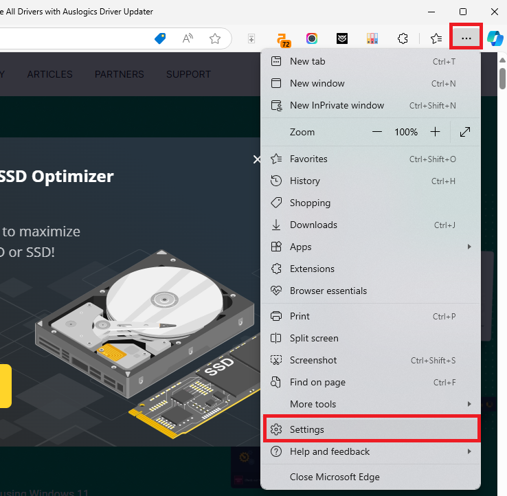 Open Microsoft Edge and go to Settings