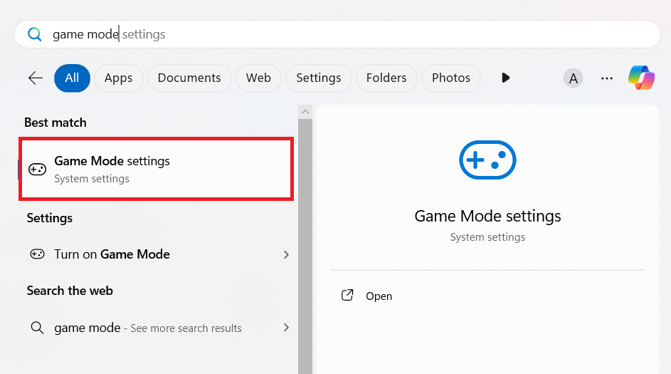Click Game mode settings