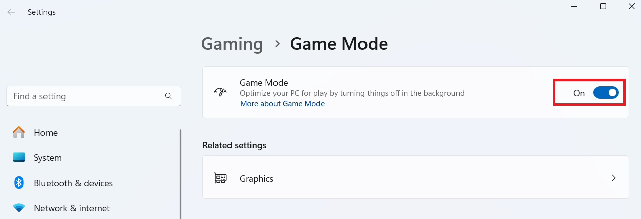 Switch the toggle next to Game Mode to On