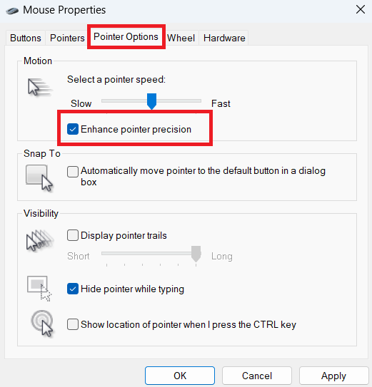 Select Pointer Options and uncheck Enhance pointer precision