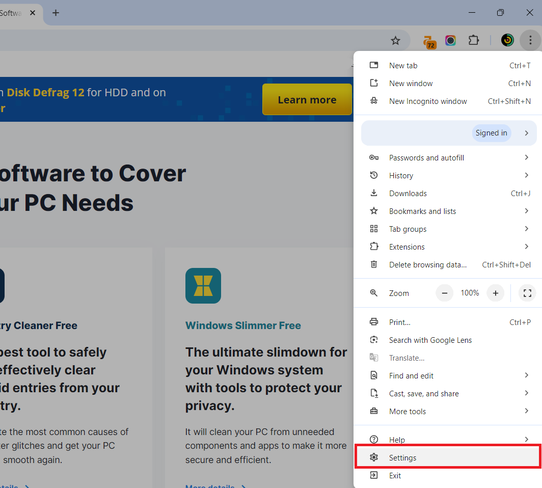 Launch Chrome and select settings