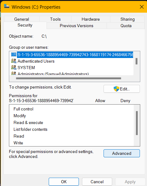 In the Security tab, select Advanced