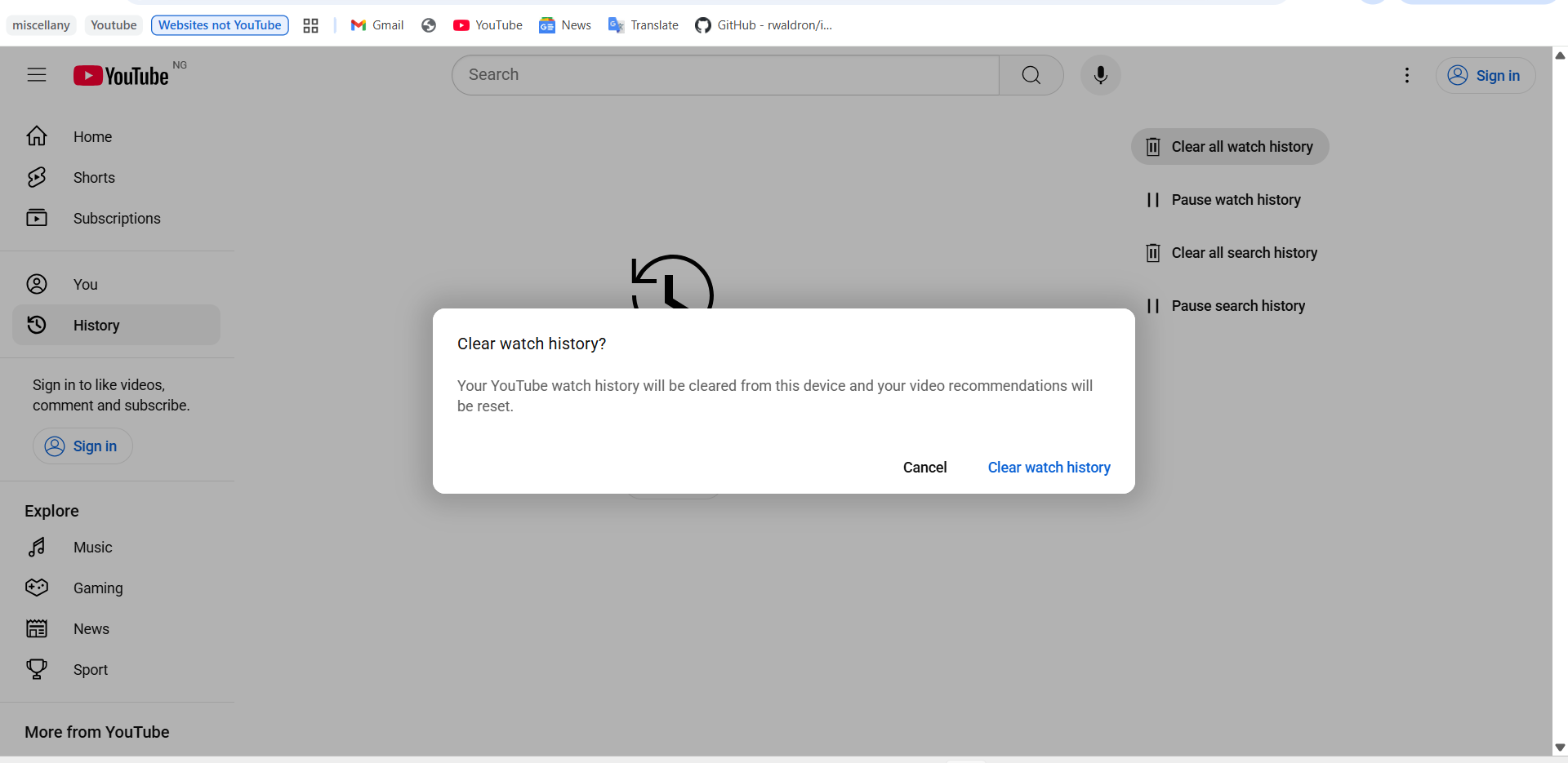 Click Clear watch history in the Clear watch history? confirmation promp