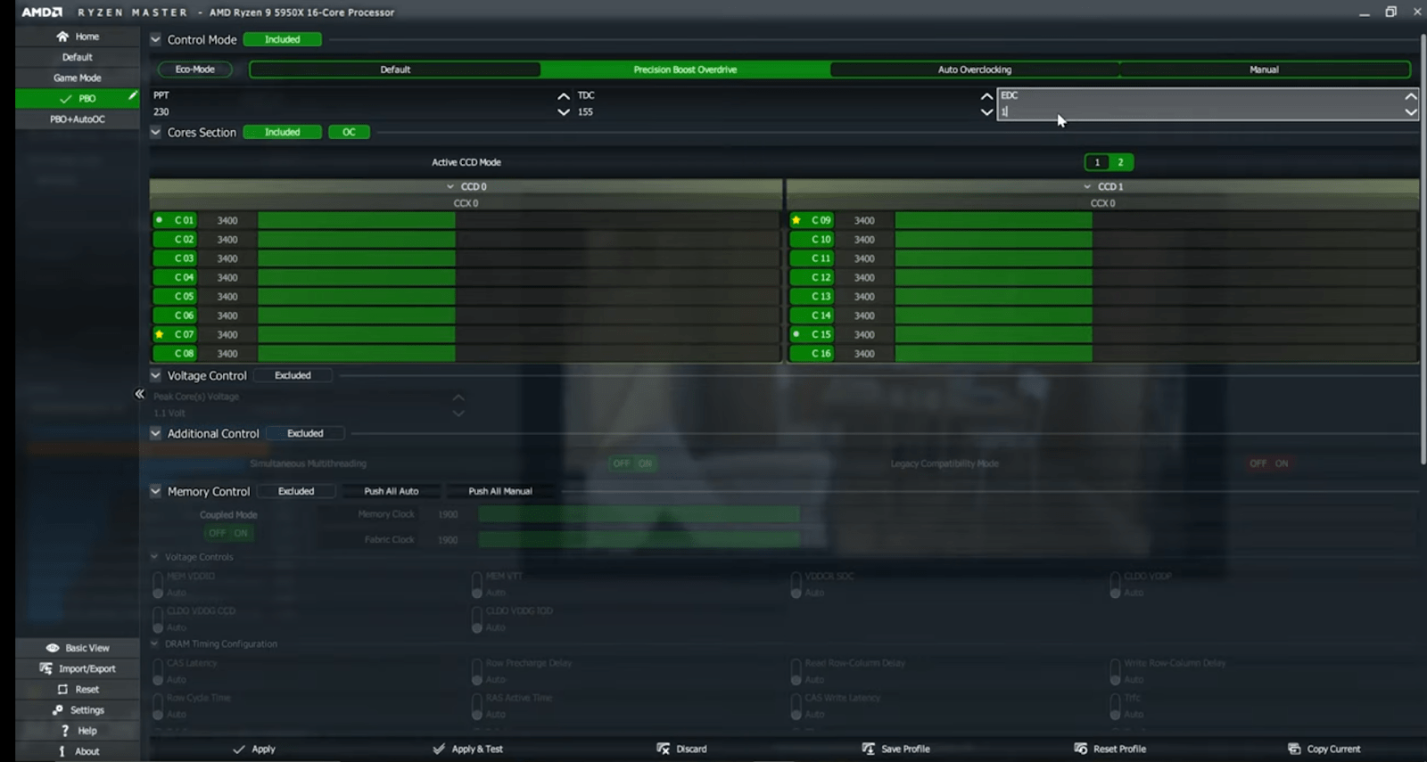 Under the Control Mode, you should see the Manual, Auto Overclocking, Precision Boost Overdrive, and Default tabs.