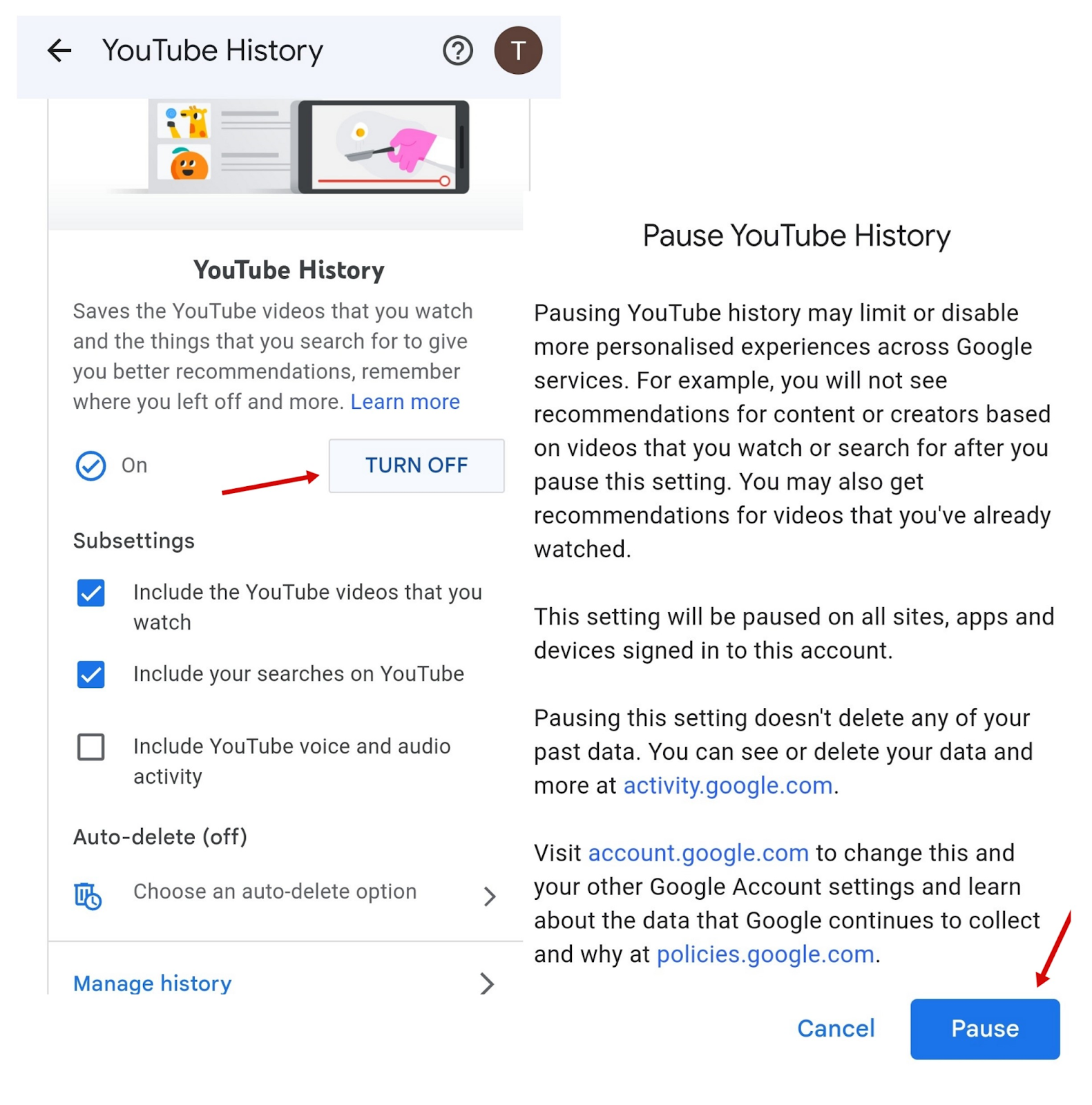 モバイルで YouTube の履歴をオフにする