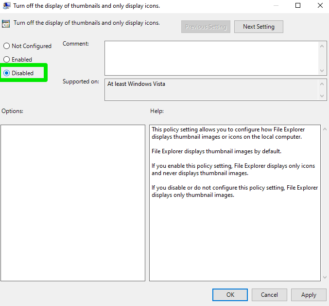 Select Disabled on the dialog window that appears and click the OK button.