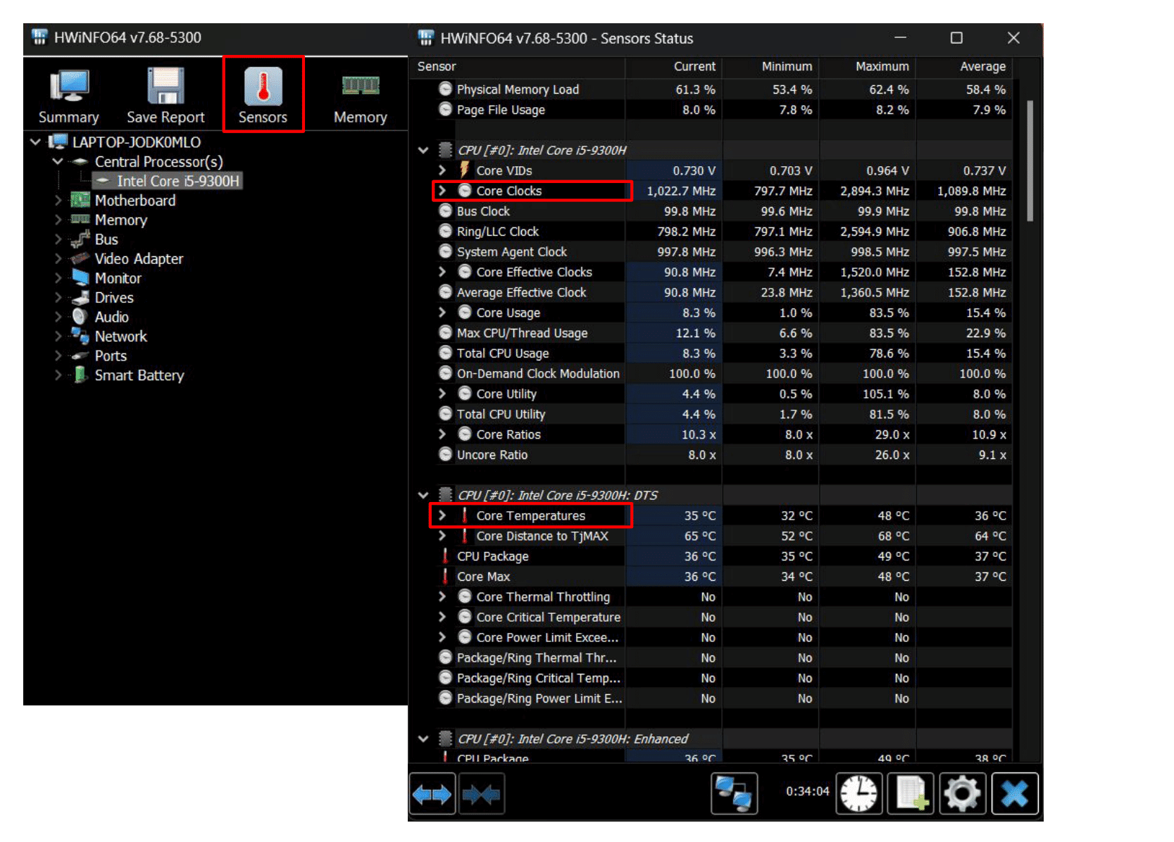 HWINFO Core Clocks” and “Core Temperatures”