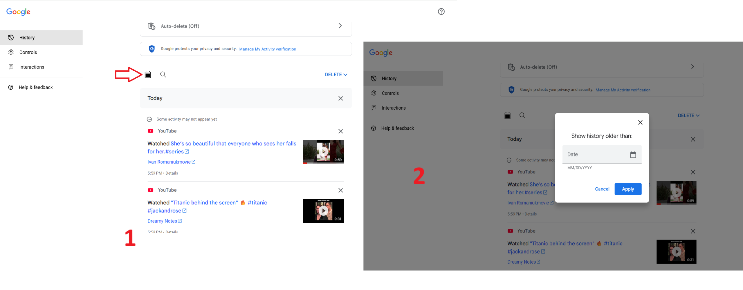 To find older history, click the calendar (🗓️) icon, enter a date, and click Apply