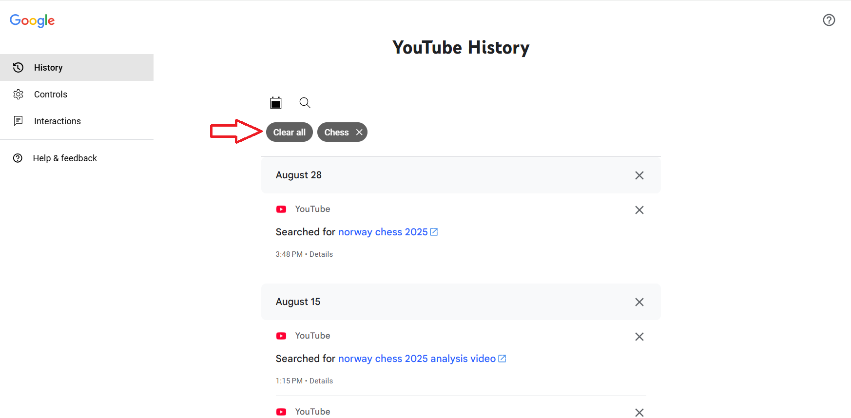 Click the ✖️ icon on individual items to delete them, or click the Clear all button to clear all history that matches the keyword