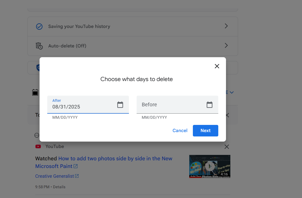 If you select Delete custom range, enter a date into the After and/or Before fields. Then click Next