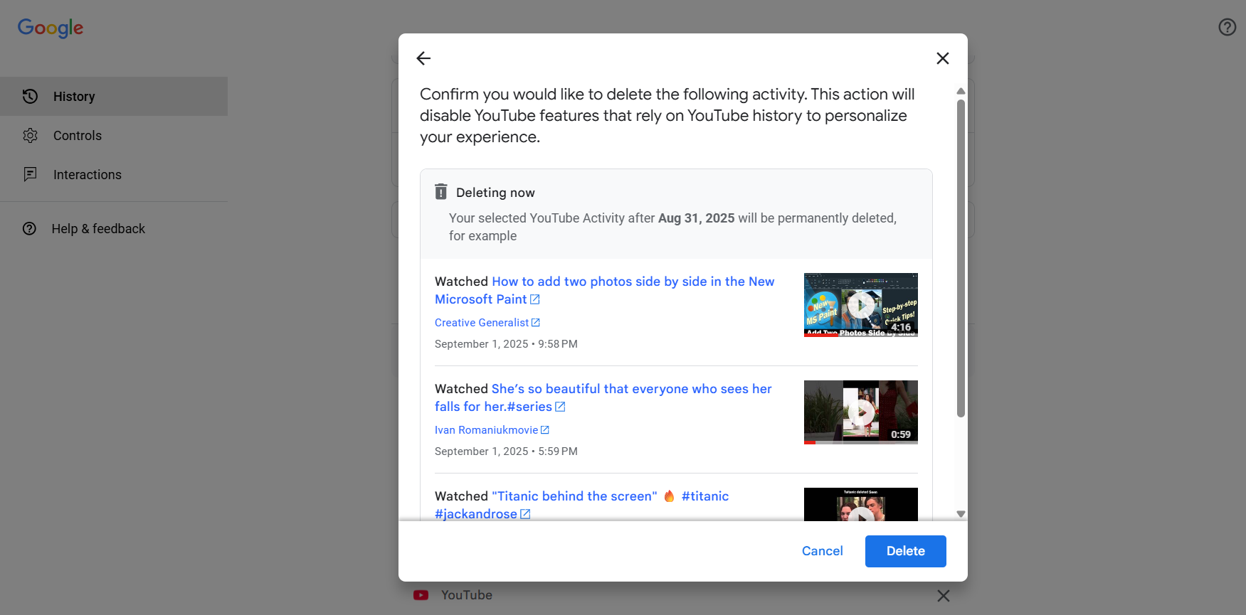 You’ll be presented with a list of items that will be deleted. Click the Delete button to proceed