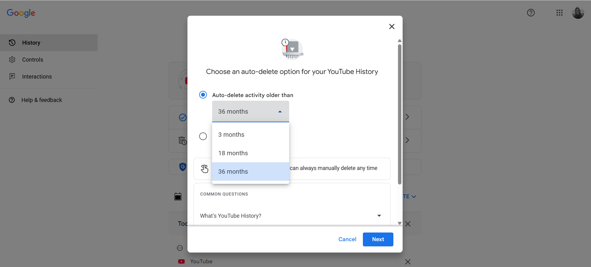 The default auto-delete timeframe is 36 months