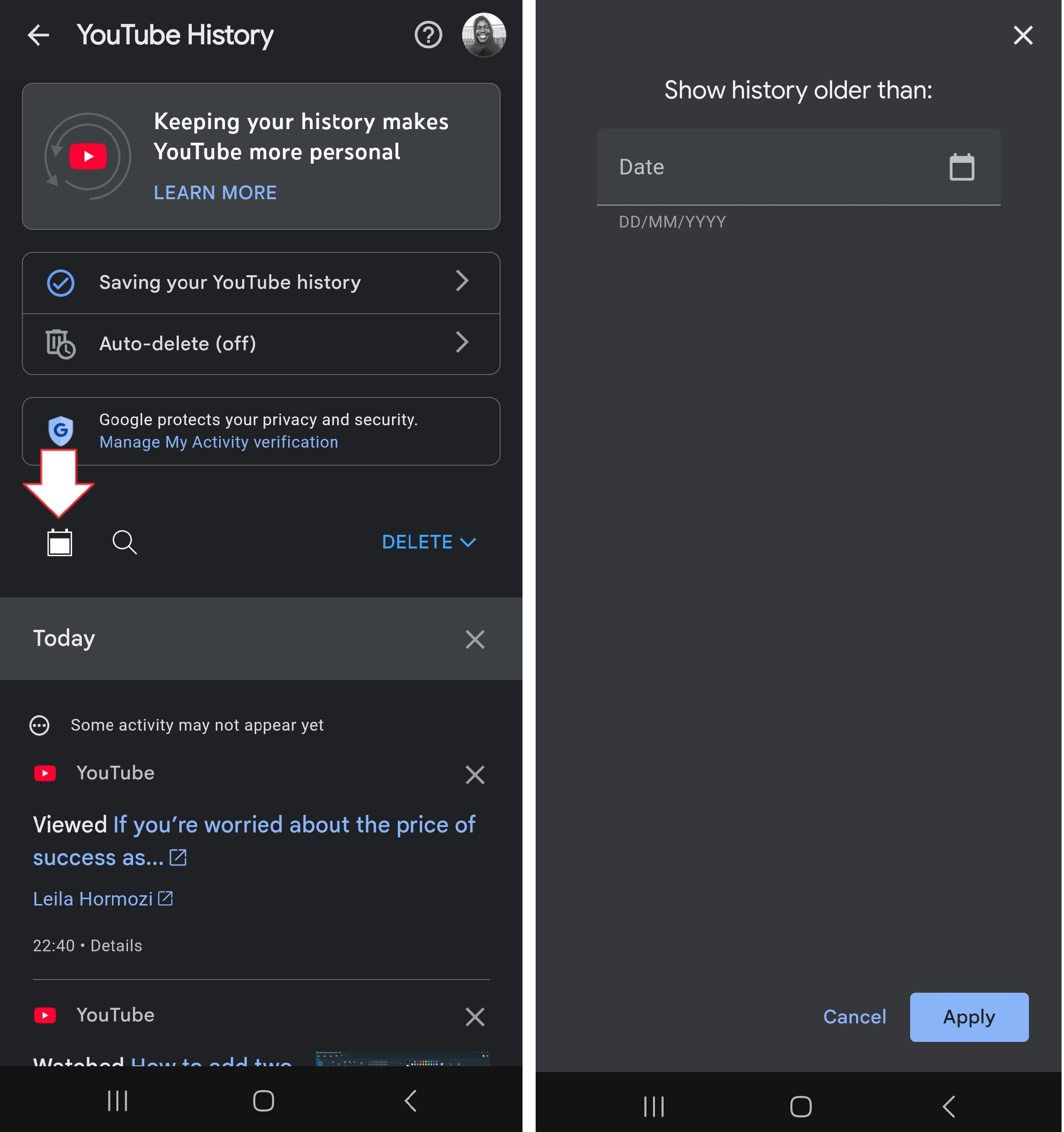 To find older history, tap the 🗓️ icon, enter a date, and tap Apply
