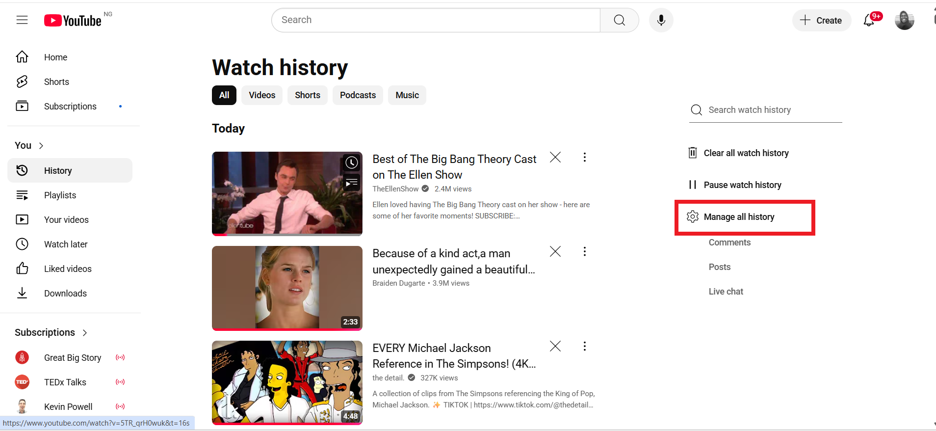 click the Manage all history option