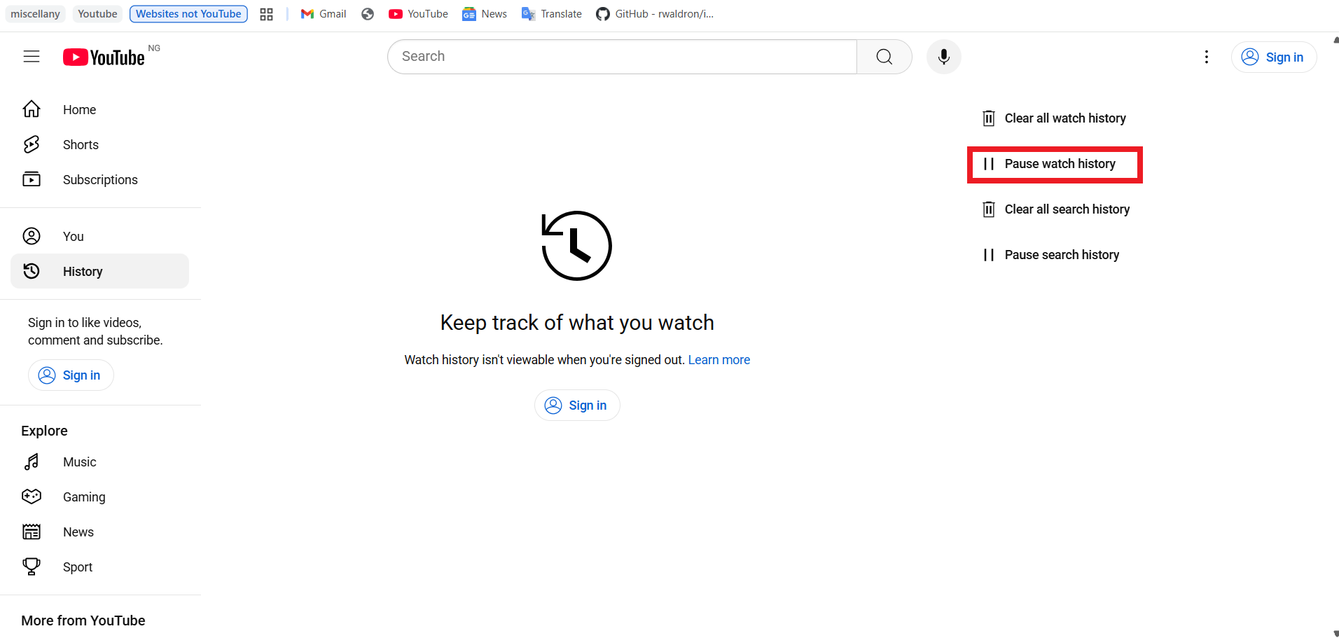 If you are signed out, you won’t be able to view your existing watch history, but you can still proceed