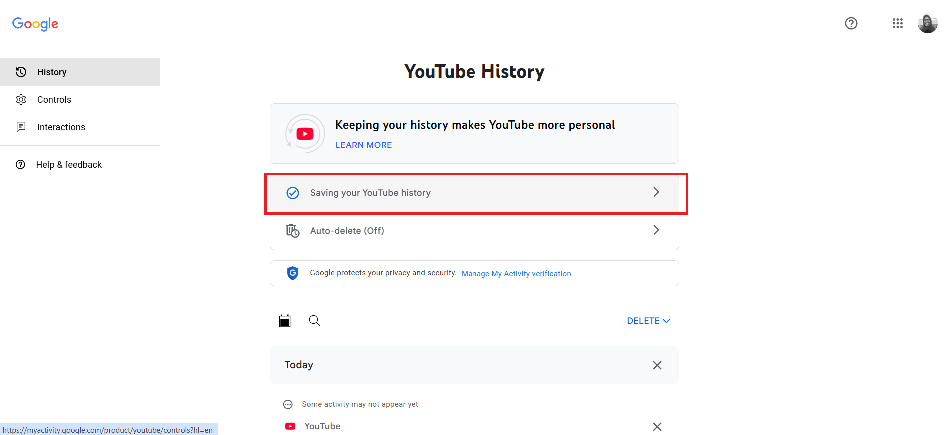 Click on Saving your YouTube history