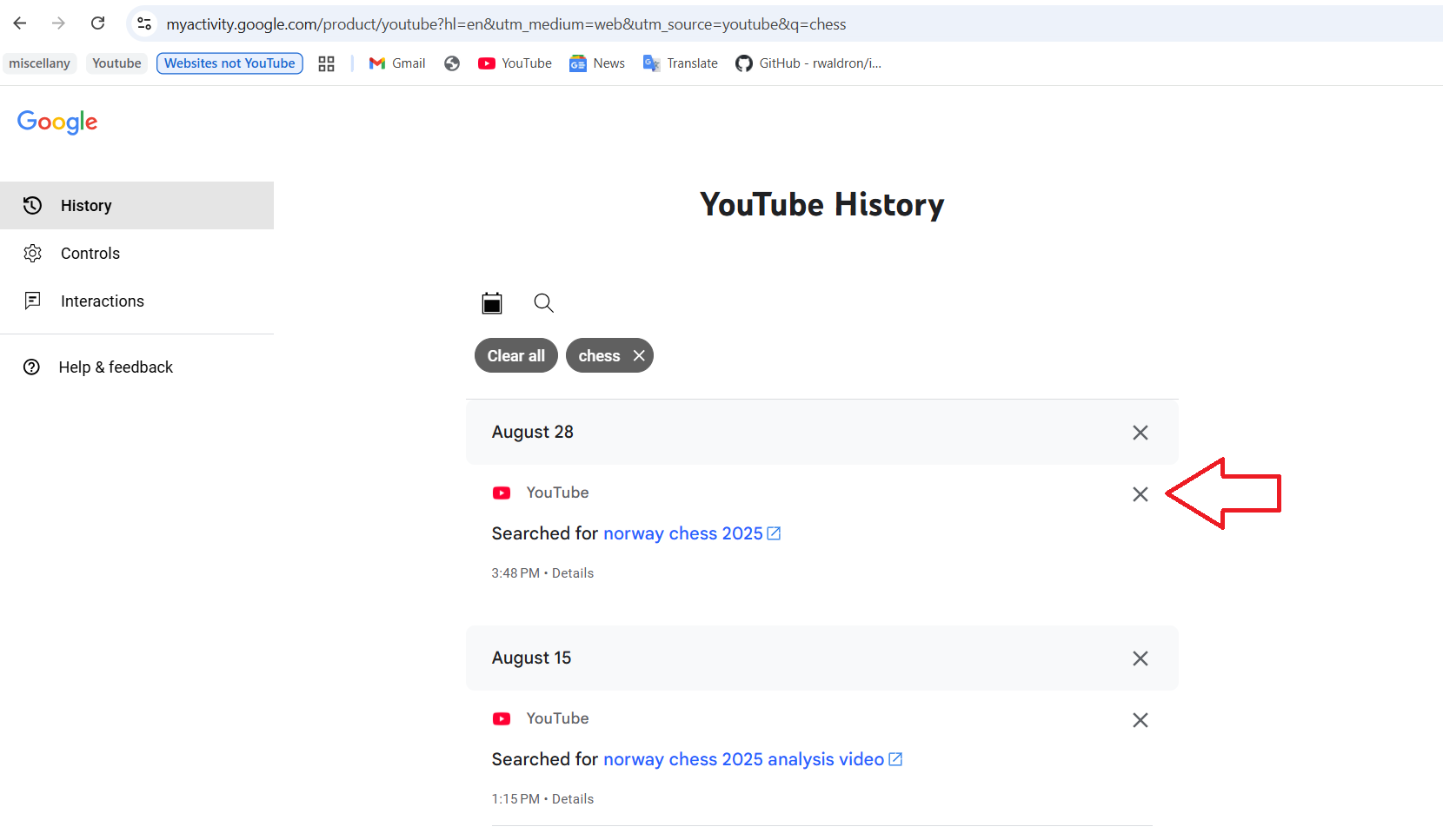 Click the ✖️ icon next to each search item to delete it
