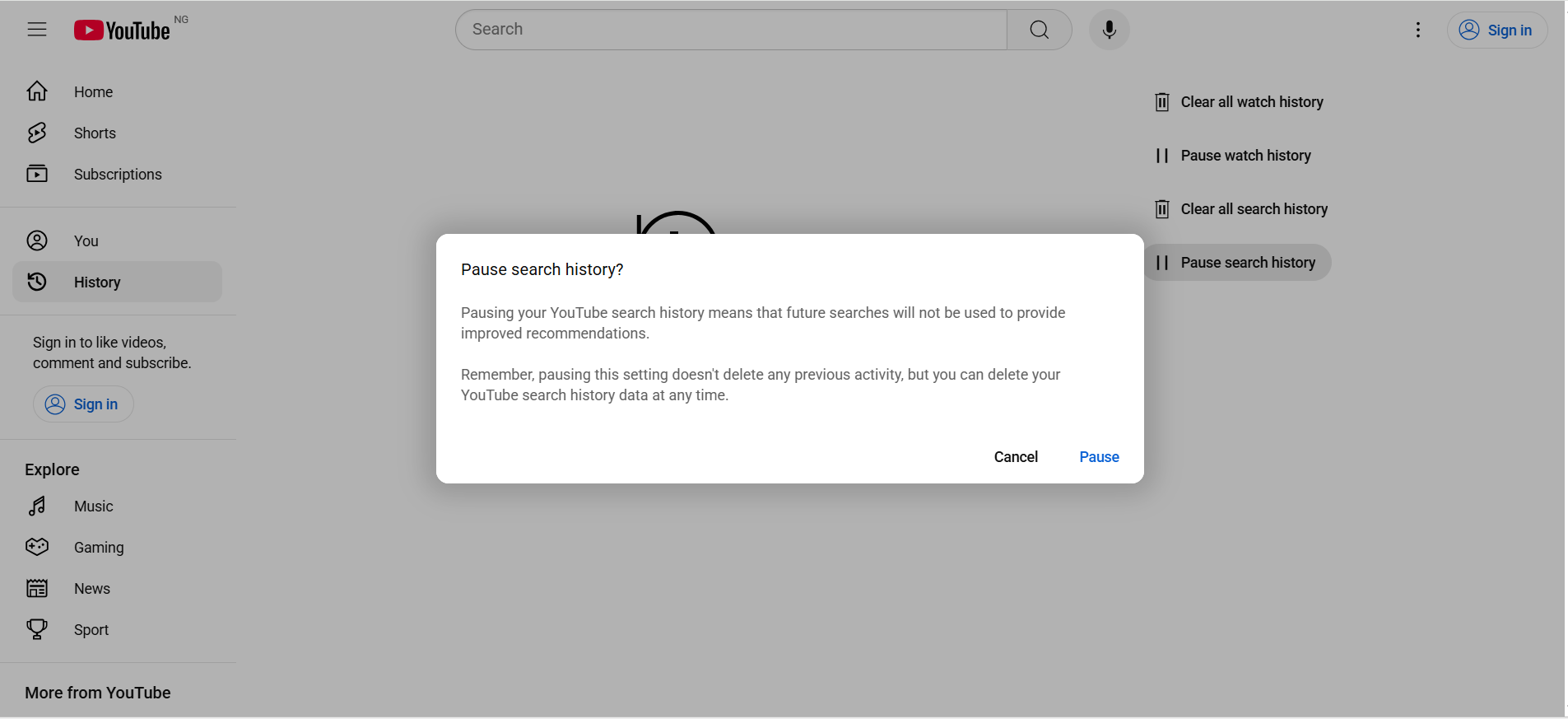 Confirm the action by clicking Pause in the Pause search history? prompt that pops up