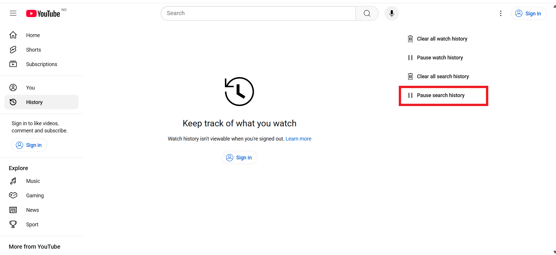 If you are not signed in, click the Pause search history option on the right-hand side of the page