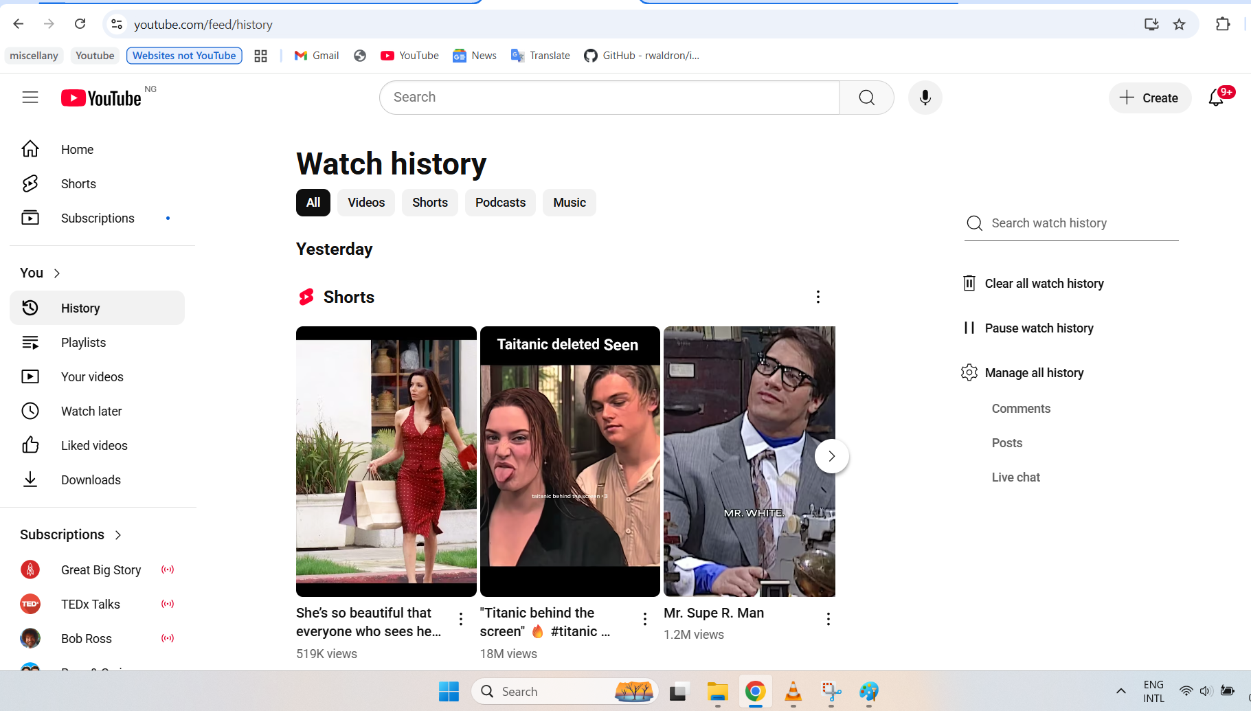 The watch history is categorized not only by day but also by type, including Videos, Shorts, Podcasts, and Music