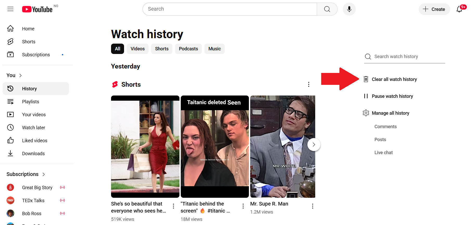 click the Clear all watch history option on the right-hand side of the page