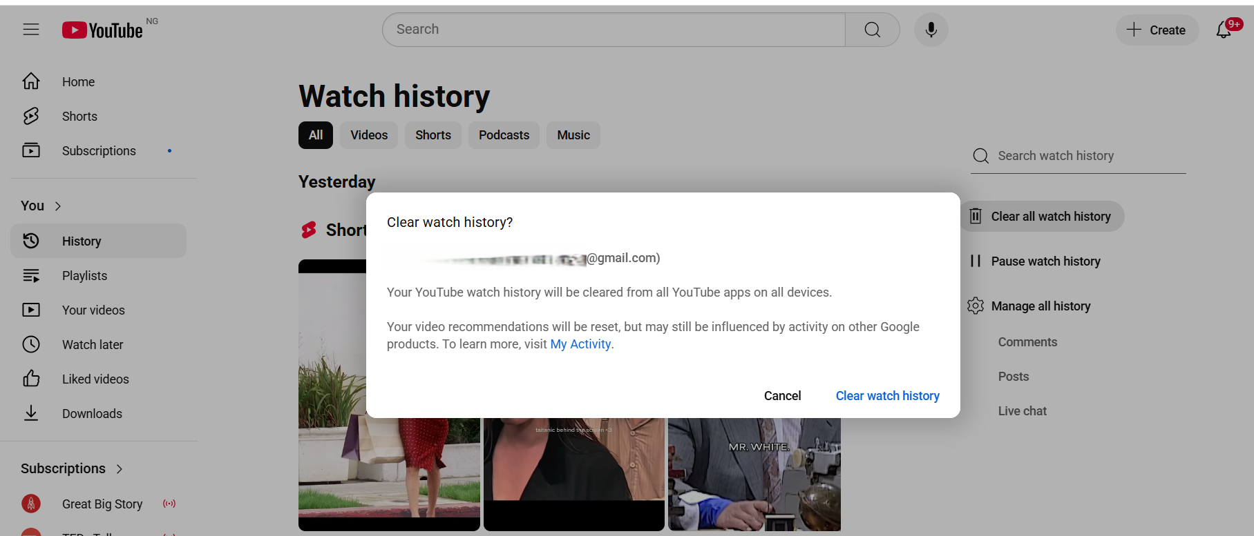 To confirm the action, click Clear watch history in the Clear watch history? prompt that appears