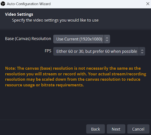 Auto configuration Wizard video settings