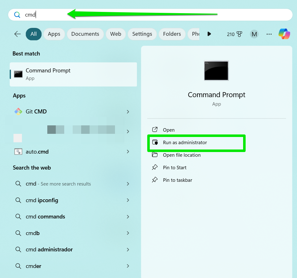 Click Run as Administrator under Command Prompt