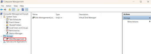 Expand the “Storage” section on the left column, and click “Disk Management