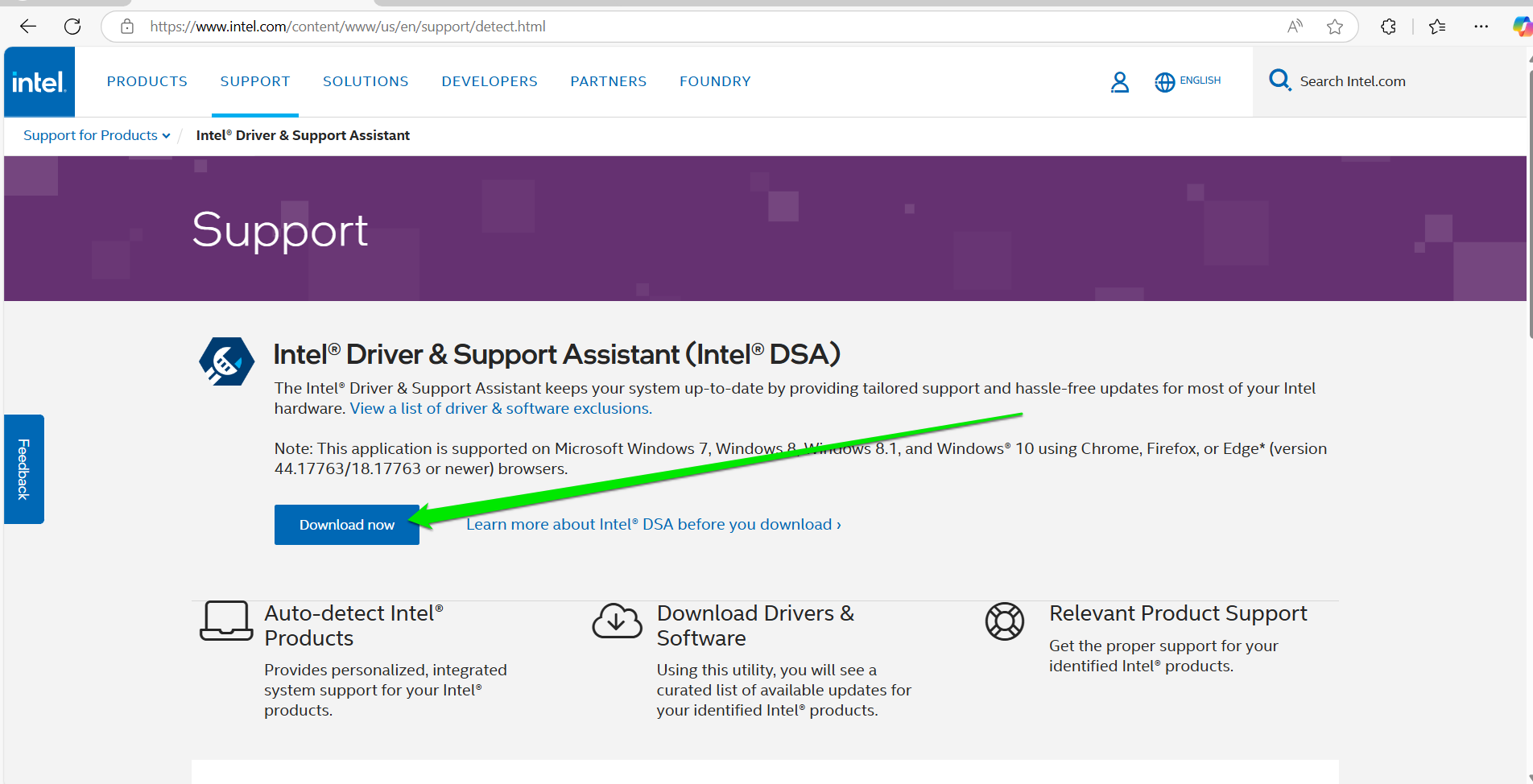 Go to the Intel Driver & Support Assistant webpage and click the Download Now button