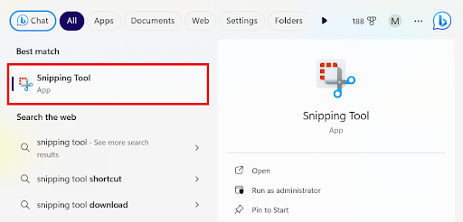 Type “Snipping Tool” in the search bar and click to open
