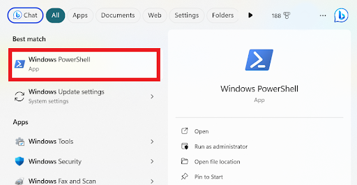 Type “Windows PowerShell” in the search bar and click to open