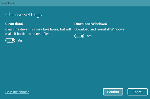 Click <i>Change settings</i> and turn on the switches under <i>Clean data?</i> and, if prompted, under <i>Delete files from all drives?</i>
