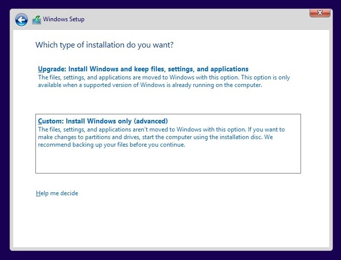 Choose the <i>Custom: Install Windows only (advanced)</i> option