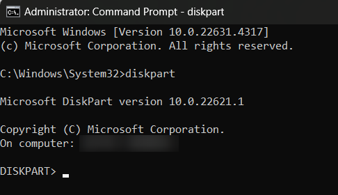 After the Command Prompt opens, type <i>“diskpart”</i> and hit the Enter key
