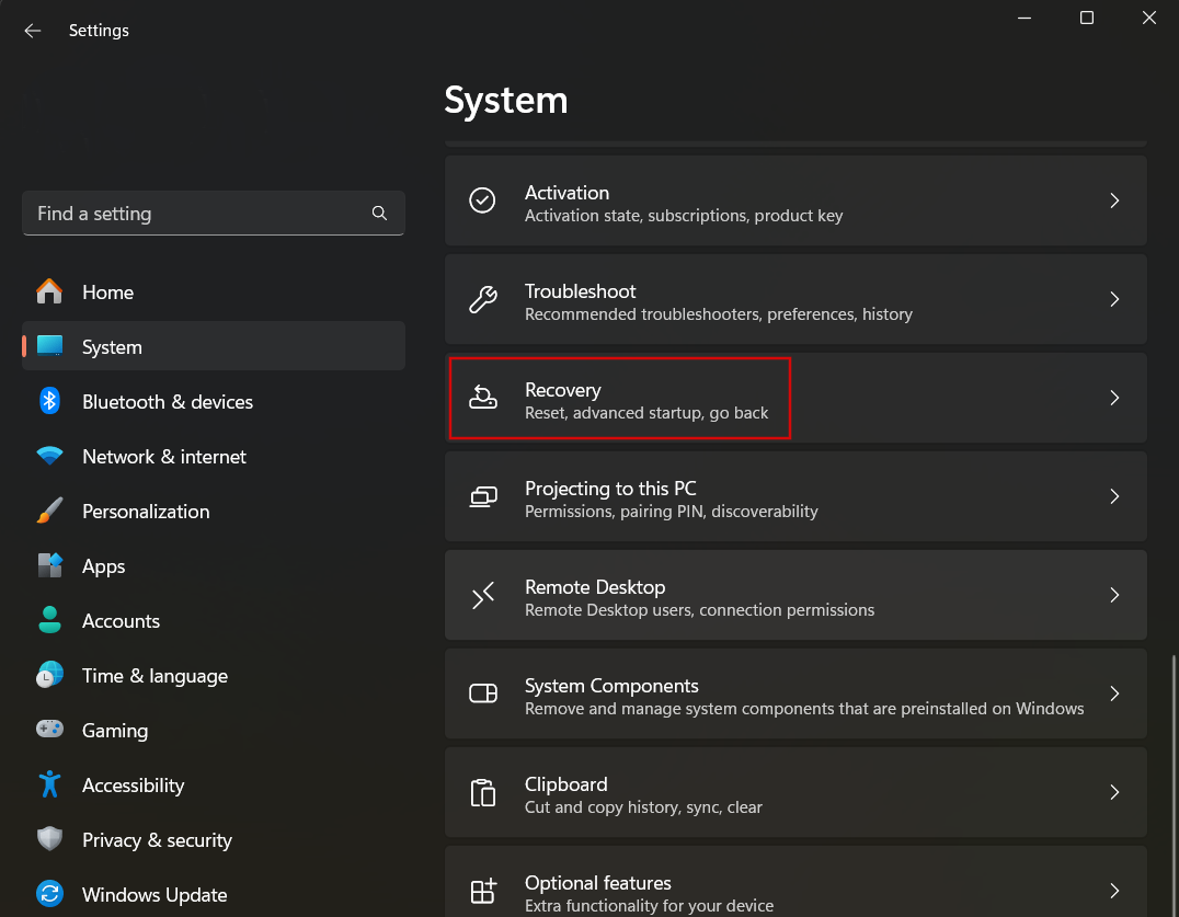 Select <i>System</i> on the left side of the Settings page and choose <i>Recovery</i>
