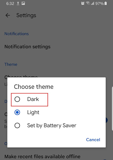Tap <em>“Choose theme”</em> and select<em> “Dark</em>