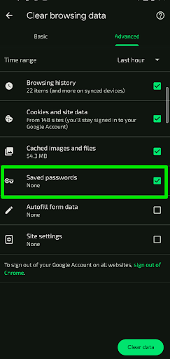 Switch to the Advanced tab in the Clear browsing data page and check the box for Saved passwords