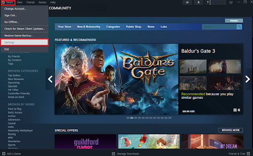 Click <em>“Steam</em><em>” </em>at the top left corner and select <em>“</em><em>Settings</em>