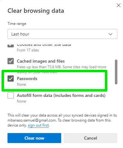 After the Clear browsing data dialog appears, check the Passwords box and click Clear now
