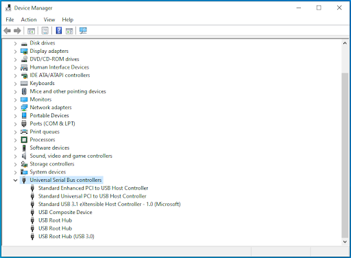 In Device Manager, locate the “Universal Serial Bus controllers” option
