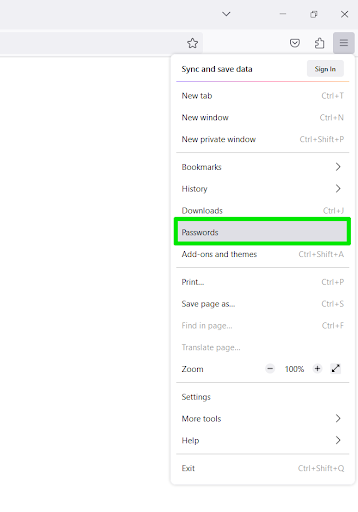 Select Passwords from the menu