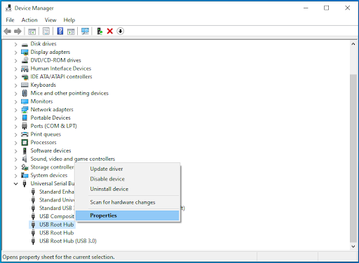 Navigate to “USB Root Hub” and select “Properties.”